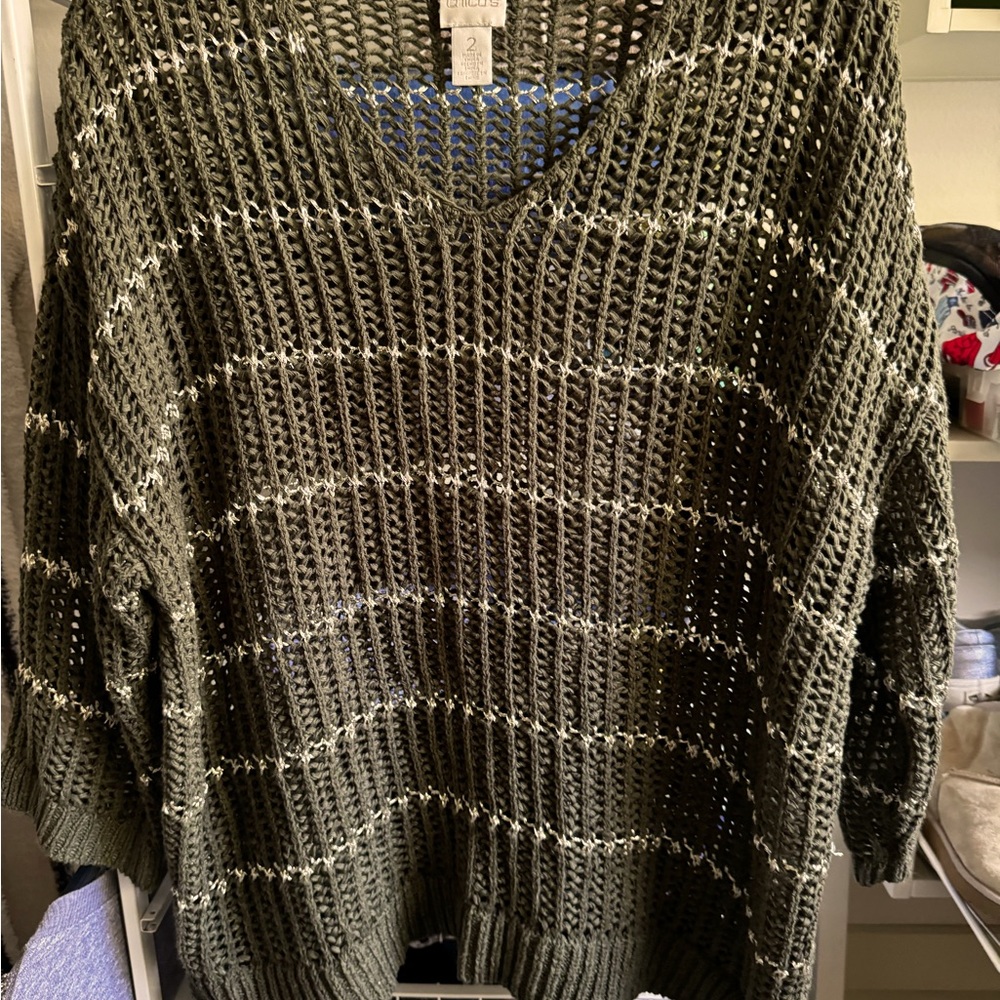💚💛Chicos Shirt Womens 2 Green Gold 12 Open Knit Striped Sweater 3/4 Sleeve💛💚